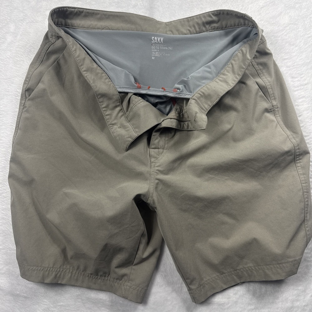 Saxx Ballpark Pouch Go To Town 2N1 Shorts Mens 34 Beige Lined 9 Inseam Chino